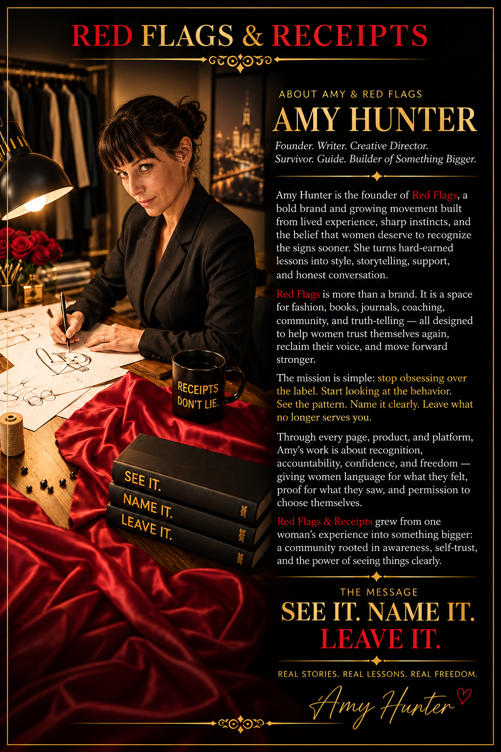 About Amy and Red Flags. Amy Hunter, founder, writer, creative director, survivor and guide. See it. Name it. Leave it.
